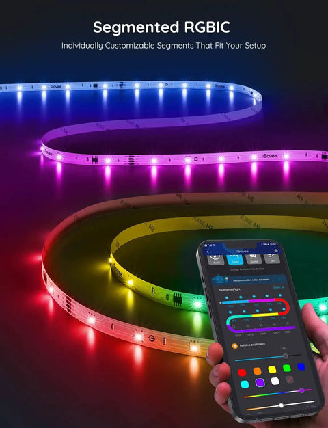 RGBIC LED Strip Lights With Bluetooth App Control For Bedroom Decor 16.4ft showing customizable color effects via smartphone app.