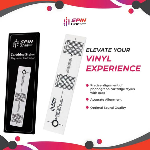 Turntable Phono Cartridge Alignment Protractor Tool With High Visibility Markings next to box with text "Elevate Your Vinyl Experience"