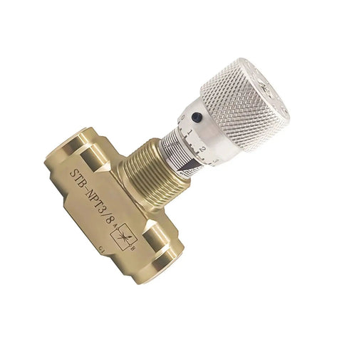 Heavy-Duty Hydraulic Needle Valve With 3/8 NPT Connection In Carbon Steel, flow control, rotatable knob, industrial grade construction.