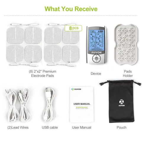 Rechargeable TENS Unit Muscle Stimulator With 24 Modes 4th Generation Pain Relief Device For At Home Comfort And Fast Relief Includes 8 Premium 2 By 2 Inch Electrode Pads And USB Charging Cable AUVON