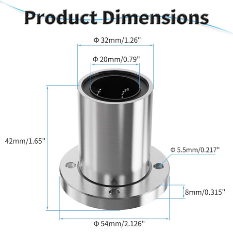 Image showing dimensions of 4 Pcs LMF20UU Round Flange Linear Ball Bearings 20Mm ID 32Mm OD 42Mm Length Double Sealed