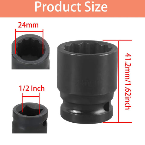 Half Inch Drive 24mm Impact Socket, 12 Point Metric, Shallow Design, CR-MO Steel, Pro Grade Tool for Heavy Duty Auto Repair
