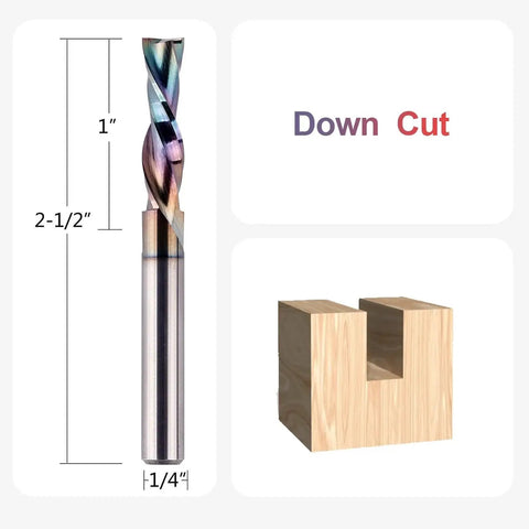 Downcut Spiral Router Bit For Woodworking With One Inch Cutting Length And Quarter Inch Cutting Diameter Quarter Inch Shank Two And One Half Inch Overall Length Extra Long Life Coating For Sharp Smooth Mortises And Slots SpeTool shown with dimensions and example cut.
