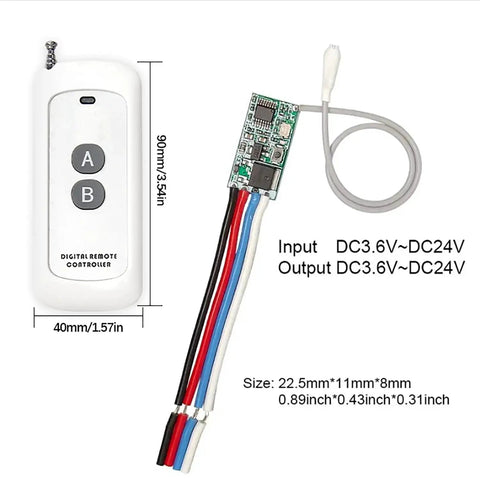 Wireless Relay Switch Kit With 433MHz Remote, featuring dimensions and wiring, for one channel transmitter receiver use.