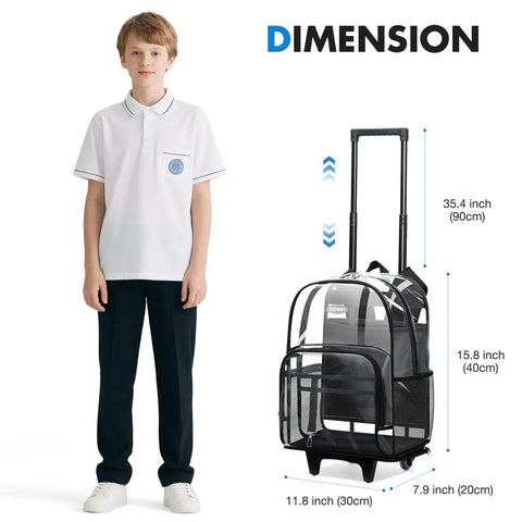 Transparent rolling backpack with wheels and three stage telescopic handle, shown next to a person for size comparison, clear design.