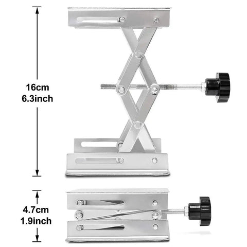Side view of Stainless Steel Lab Jack Scissor Stand 4x4 Platform With Adjustable Height showing dimensions and adjustment knob.