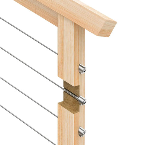 Thirty Degree Angled Beveled Cable Railing Washers With Five Sixteenth Inch Inside Diameter Stainless Steel Pack Of Twenty For One Eighth And Three Sixteenth Inch Invisible Cable Railing Hardware And Stair Railing Posts installed on wooden railing post