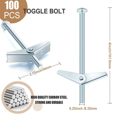 100 Pack Quarter Inch By Four Inch Toggle Bolts With Butterfly Nuts For Drywall Heavy Duty Wall Anchors
