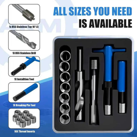 15 Piece M18x1.5 Metric Thread Repair Kit with stainless steel wire coils, installation tools, and thread inserts in packaging