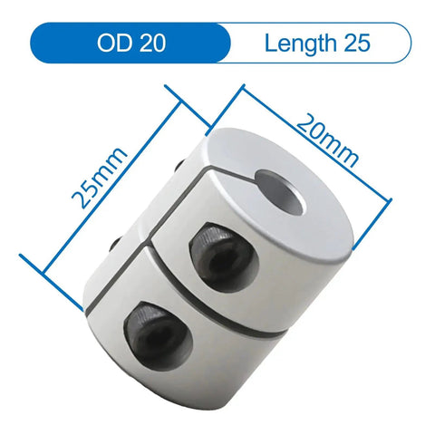 6mm To 6.35mm Aluminum Rigid Shaft Coupling With Set Screw Clamp, 20mm Diameter, 25mm Length; side view with size labels