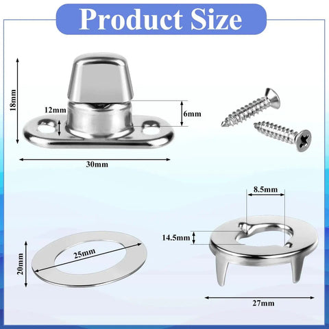 Front view of chrome marine twist-lock fastener set with base plate, turn button with eyelet, washer, and mounting screws for canvas boats