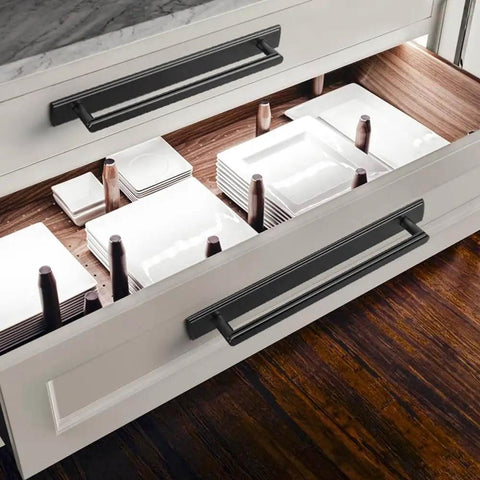 Modern Matte Black Cabinet Pull Handle With Backplate Featuring Grooved Texture And Non Slip Grip For Farmhouse And Industrial Kitchen Cabinets Goo Ki Two Pack Seven And Nine Sixteenths Inch installed on kitchen drawers