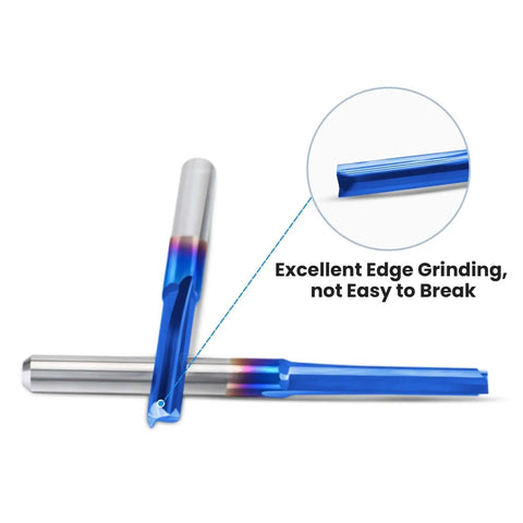 Pro Grade CNC Router Bits Straight Router Bit One Eighth Inch Shank Two Flute End Mill Cutter for Wood with Close-up of Edge Grinding