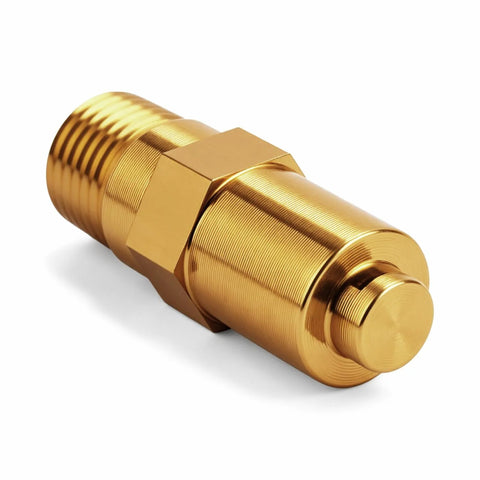 Brass thermal relief valve with 1/4 in NPT threads, replacement for gas-powered pressure washer pumps.