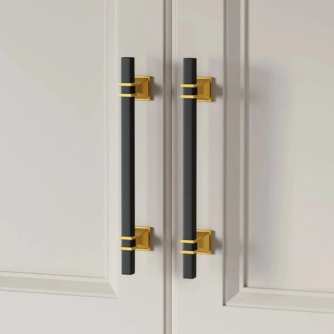 10 Pack Black And Gold Cabinet Pulls 5 1/16 Inch Overall Length With 3 Inch Center Hole Stainless Steel Grips And Zinc Alloy Base installed