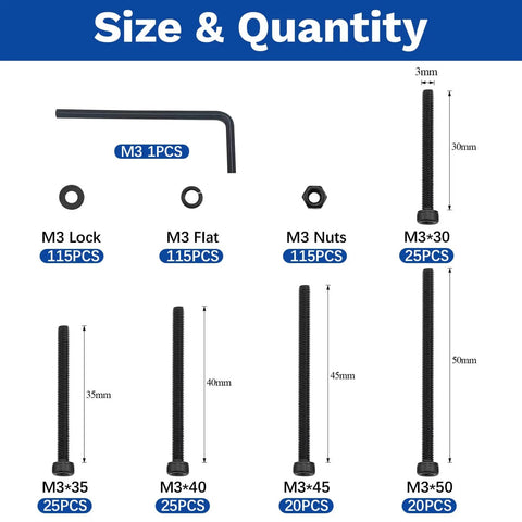 461 Piece M3 Socket Head Screw Kit With 30mm 35mm 40mm 45mm And 50mm Long Screws, Nuts, Washers, Lock Washers, size chart