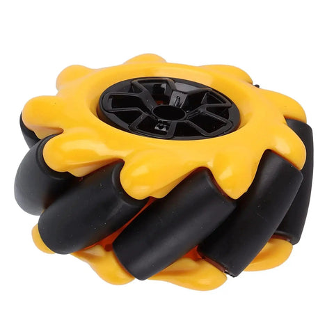 Yellow and black Mecanum Wheel for TT geared motor robot car, 60mm rubber-coated, omnidirectional movement for DIY projects.