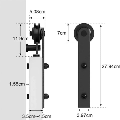 Sliding Barn Door Hardware Kit With I Shape Antique Rollers And Straight Track In Black Frosted Finish side and front view