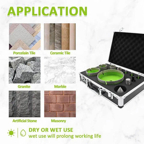 Diamond Core Drill Bit Set For Tile And Stone 11 Piece Kit With 20mm Milling Bit And 2 Inch Beveling Chamfer Bit Includes Diameters 6 8 10 25 35 50 75 127mm And 5 8 11 To SDS Adapter Ideal For Porcelain Ceramic Tile Granite Marble in case next to application examples for tile, stone, and masonry surfaces.