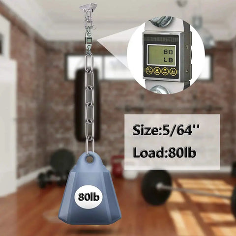 304 Stainless Steel Heavy Duty Link Chain For Hanging Safety And Anti Theft in indoor gym, weight hanging, 5/64" chain, WLL 80 lbs shown.