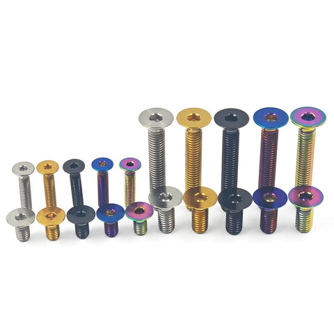 Assorted colored hex socket cap screws, showcasing Blue Titanium M5 And M6 Flat Head Hex Socket Cap Screws, Countersunk, 0.8mm (M5) And 1.0mm (M6) Pitch, Grade 5 6AL-4V Alloy, Precision Thread, Lightweight Fasteners For RC Cars, Drones, Bikes, And DIY Projects, 25mm M6 Length