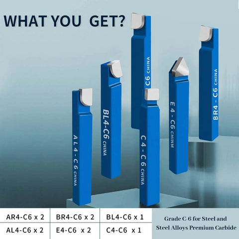 Ten Pack Carbide Lathe Tool Bits Set For Metal Turning, Boring, And Chamfering With One Quarter Inch Shank, High Precision Cutting Tips AR4-C6, AL4-C6, BR4-C6 For Durable Lathe Work displayed in blue packaging.