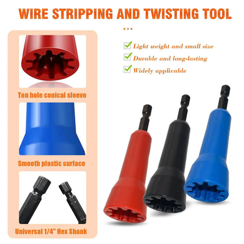 Close-up of three colorful wire twister tools with ten hole conical sleeves for drills. Fast Wire Twister Tool for Spin Twist Wire Connectors.