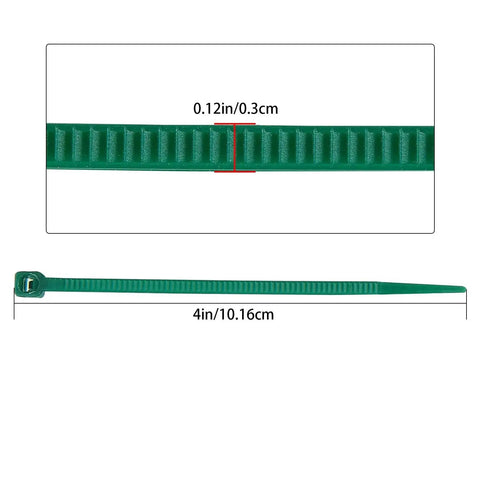 4 Inch 3mm Dark Green Nylon Garden Cable Zip Ties Self Locking Twist Ties shown with measurements, ideal for plants and trellises.