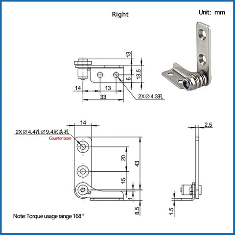 Right view of stainless steel damping hinge with mounting plate and adjustable torque 2.5 N·m