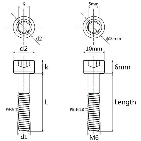 Technical diagram of Titanium M6x40mm Hex Socket Bolts Pack Of 4 Rainbow Finish 6Al4V Grade 5 DIN912 showing dimensions
