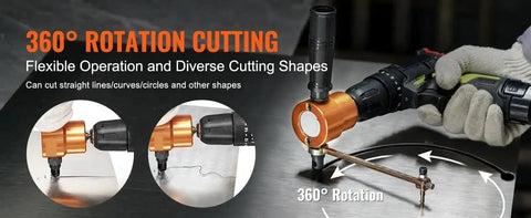 Double Head Sheet Metal Nibbler Cutter for Drill Attachments 360 Degree Nibbler cutting metal with 360-degree rotation display