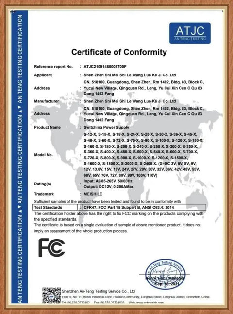 Certificate of Conformity for switching power supply by ATJC, showing specifications and compliance details, framed in wood.