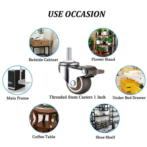 1 Inch M6 Threaded Stem Casters Set Of 4 Heavy Duty Swivel Wheels With Brakes For Furniture And Small Carts, shown with potential uses: bedside cabinet, flower stand, under bed drawer, main frame, coffee table, shoe shelf.