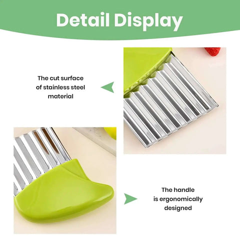 Detail display of Two Pack Stainless Steel Crinkle Cutter Set For Veggies And Butter, showing green handle and stainless steel blade