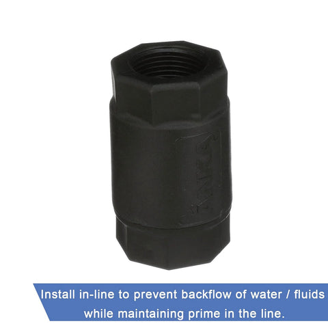Watts ACV34 ANKA full-flow plunger-style check valve, black nylon body, 3/4 in female NPT x 3/4 in female NPT, irrigation