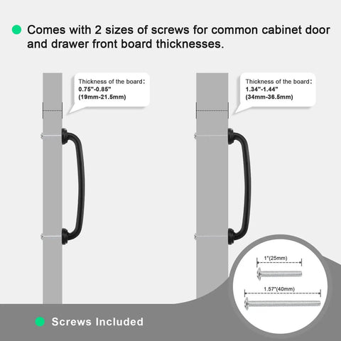 Diagram showing 5 Inch Hole Centers Black Zinc Alloy Cabinet Handles 30 Pack with screw sizes for board thicknesses and measurements.