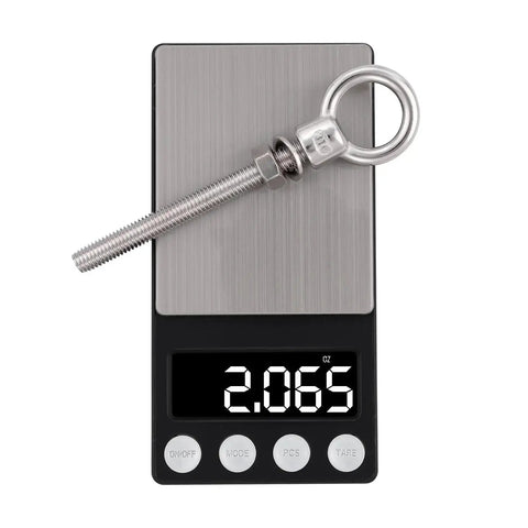 Heavy Duty 316 Stainless Steel Shoulder Eyebolt on scale showing 2.065oz, with nut and washer, part of 4 pack for lifting or hanging.