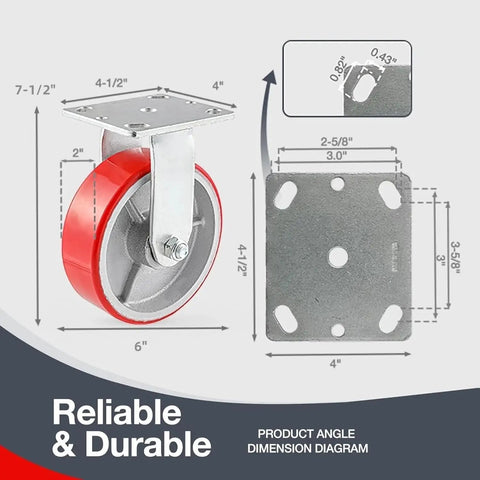 Industrial Casters Set Of 4 With Brakes, 6 Inch Swivel And 2 Rigid Wheels, Heavy Duty 5000 Lbs Capacity, dimension diagram