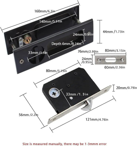 Diagram of 6.3 Inch Privacy Pocket Door Lock Hardware for Double Barn Doors Keyless Mortise Lock Sliding Door System in Black.