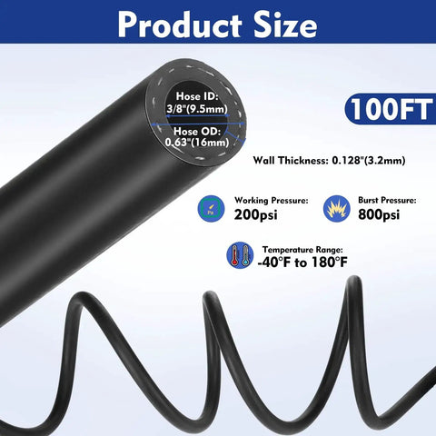 Three Eighths Inch EPDM Garden Hose 100 Ft Heavy Duty Sprayer Hose 200 Psi Kink Resistant All Purpose Air Water Chemical Resistant