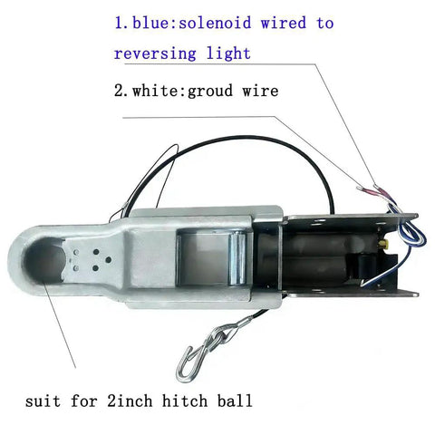 Side view of a 2-inch hitch ball surge brake actuator assembly with wiring and metal housing