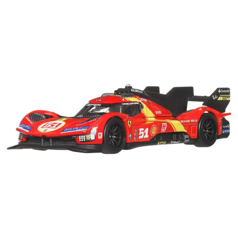 Front view of Premium Car Culture 1:64 Die-Cast Ferrari 499P Collectible with Real Riders Tires and AF Corse Livery for FIA Championship