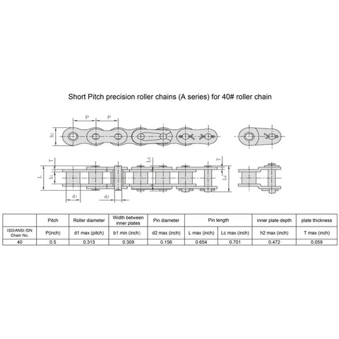 Technical drawing of short pitch precision roller chains for 40 Tooth Roller Chain Sprocket Type B with dimensions and specifications.