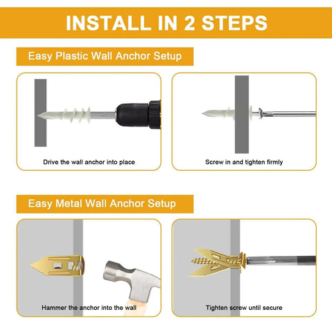Installation guide for Self Drilling Drywall Anchors Kit 140 Piece Assortment With 30 Heavy Duty Plastic Expansion Anchors And 40 Drywall Grip Anchors And Screws For Hanging Wall Decor Picture Frames And Shelves Suitable For Gypsum Board Walls showing plastic and metal anchor setup steps