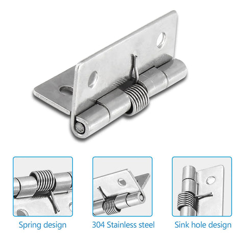 Luomorgo 4-pc spring-loaded cabinet hinges, 2-in stainless steel, self-closing; front view
Luomorgo hinge spring design close-up, 2-inch stainless steel with coil spring
Luomorgo 2-inch cabinet hinge installed on door, stainless steel with mounting plate
Luomorgo sink-hole design cabinet hinge, stainless steel with mounting holes