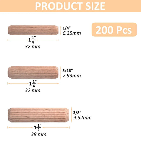 Beefy Beechwood Dowel Pins For Woodworking 200 Pcs Fluted Dowels Quarter Inch By One And A Quarter Inch Hardwood Craft Pegs For Furniture DIY Projects Imperial Size, shown in various sizes.