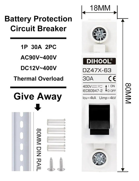 Two Pack AC DC Miniature Circuit Breakers 30 Amp Single Pole With Beefed Up Thermal Magnetic Trip For 12 To 48V DC And 90 To 480V AC Solar Disconnect Switch DIN Rail Mount RV Battery Isolator PV Array MCB, front view showing specifications and included components including DIN rail and screws.