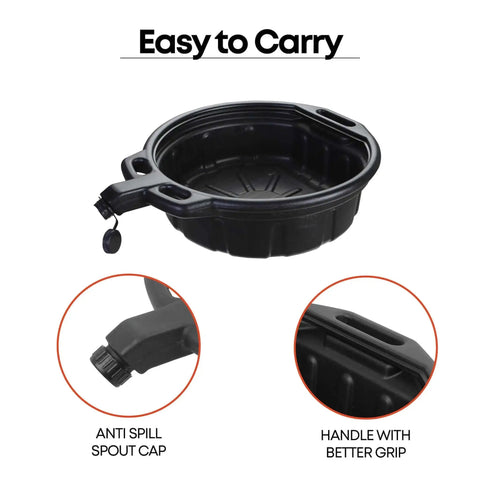 2 Gallon Oil Drain Pan With Anti Spill Cap And Wide Lip For Mess Free Oil Changes HDPE construction, anti-spill cap, easy grip handle.