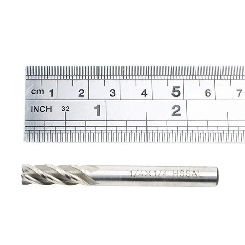 Pro Grade One Quarter Inch HSS Four Flute End Mills For Wood Aluminum And Steel Pack Of Two CNC Milling Bits with ruler for size reference