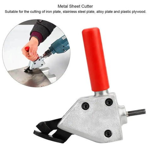 Drill Powered Sheet Metal Cutter Attachment with quick connect scissor blade for cutting steel, stainless, barbed wire, and metal sheets.